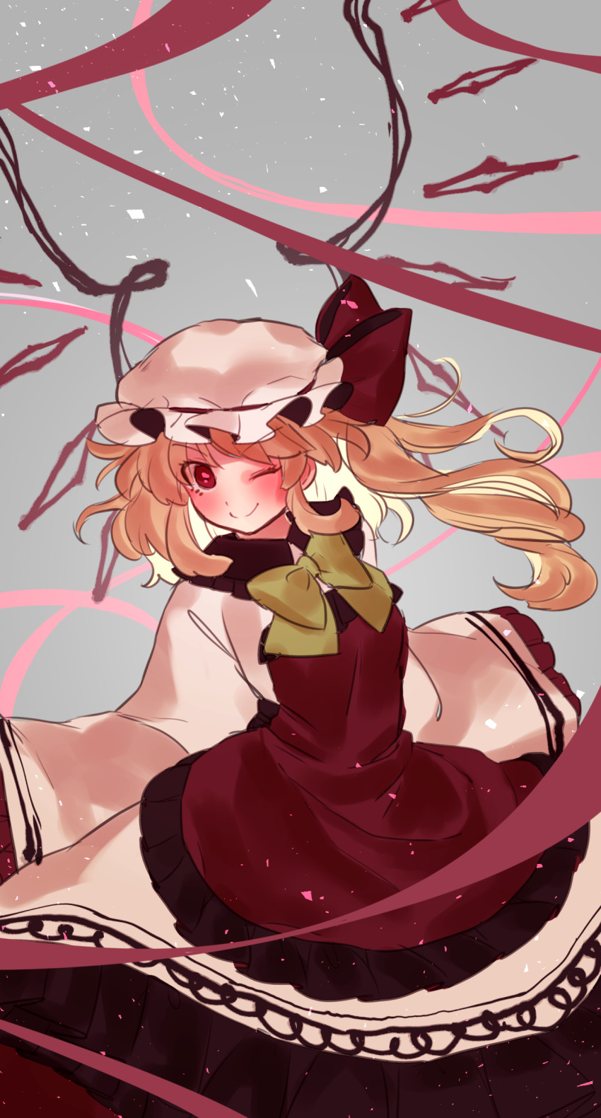 1girl ;) alternate_costume bangs blonde_hair bow bowtie closed_mouth eyebrows_visible_through_hair flandre_scarlet hat hat_bow highres long_hair looking_at_viewer masanaga_(tsukasa) mob_cap one_eye_closed red_bow red_eyes side_ponytail sleeves_past_fingers smile solo touhou white_hat yellow_neckwear