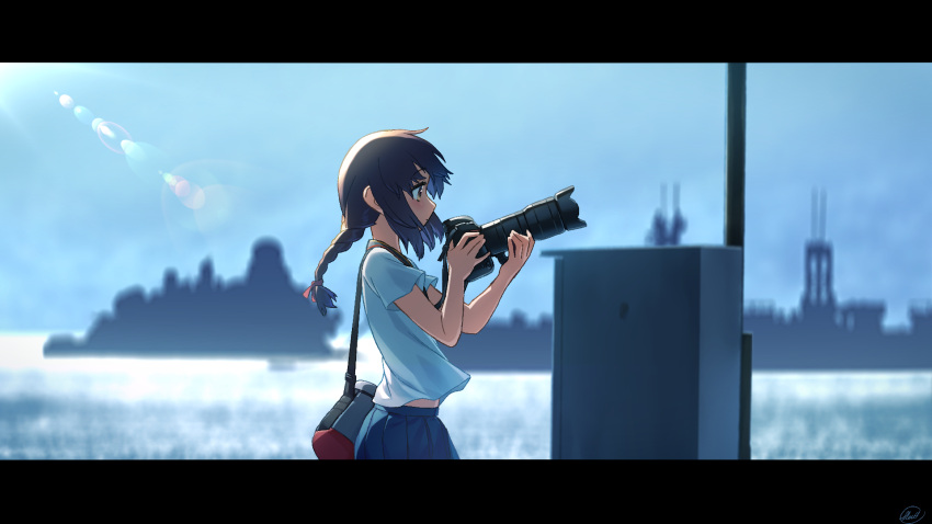 1girl backlighting bag black_hair blew_andwhite braid brown_eyes camera cowboy_shot from_side hair_ribbon highres isonami_(kantai_collection) kantai_collection lens_flare letterboxed messenger_bag ocean outdoors red_ribbon ribbon school_uniform ship short_sleeves shoulder_bag single_braid skirt solo watercraft