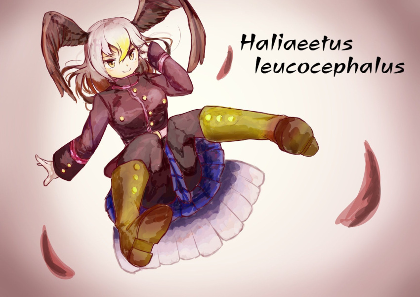 1girl bald_eagle_(kemono_friends) black_jacket black_legwear blonde_hair blue_skirt boots buttons commentary feathers full_body gloves hair_between_eyes hand_on_own_head head_wings highres jacket kemono_friends long_hair long_sleeves multicolored_hair pantyhose pleated_skirt scientific_name skirt smile solo tamiku_(shisyamo609) white_gloves white_hair yellow_eyes yellow_footwear