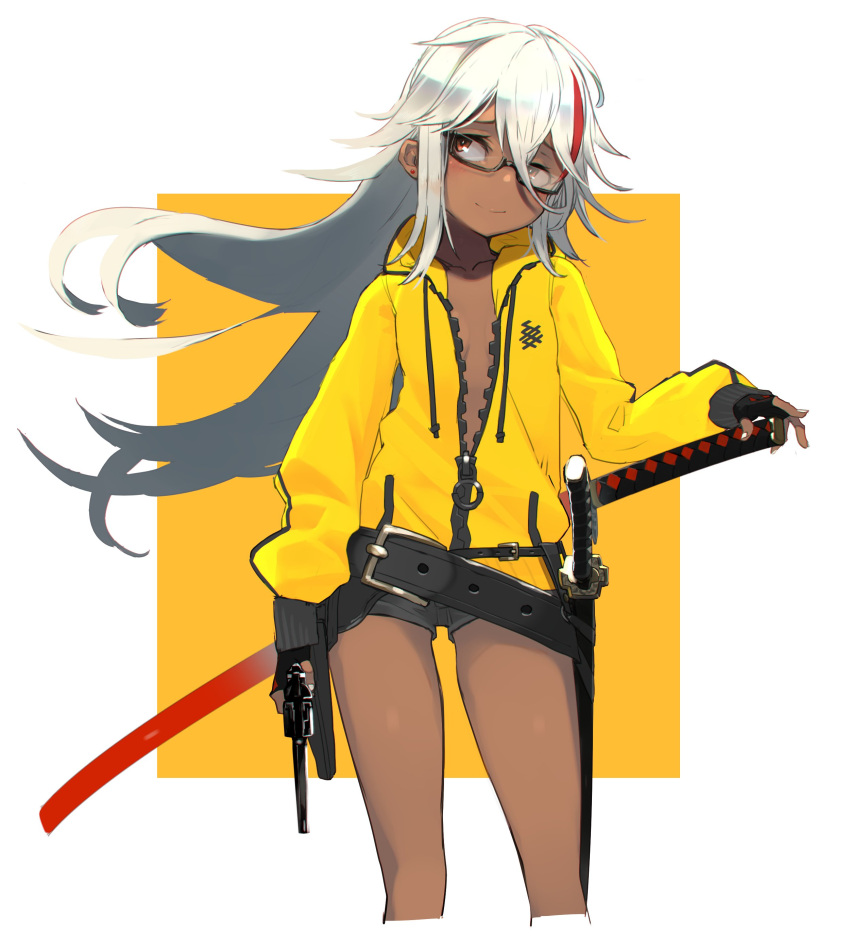 1girl absurdres belt black-framed_eyewear black_gloves brown_eyes closed_mouth commentary_request cropped_legs dark_skin fingerless_gloves fingernails floating_hair glasses gloves gun handgun highres holding holding_gun holding_weapon hood hood_down hoodie kumonji_aruto long_hair looking_away multicolored_hair nail_polish orange_background original revolver scabbard semi-rimless_eyewear sheath smile solo standing streaked_hair sword under-rim_eyewear unzipped weapon white_hair white_nails yellow_hoodie