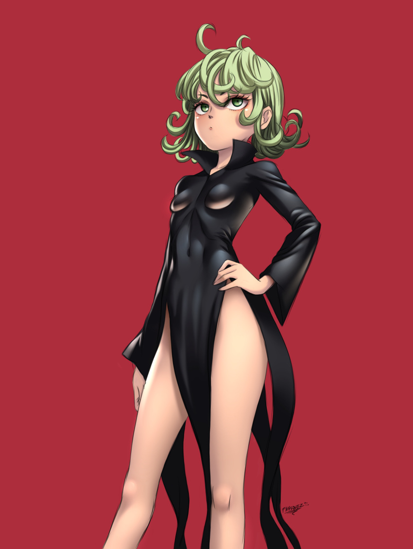 1girl absurdres ahoge bare_legs breasts covered_navel curly_hair green_eyes green_hair hand_on_hip highres juan_romero legs long_sleeves one-punch_man pelvic_curtain red_background short_hair simple_background small_breasts standing tatsumaki thighs