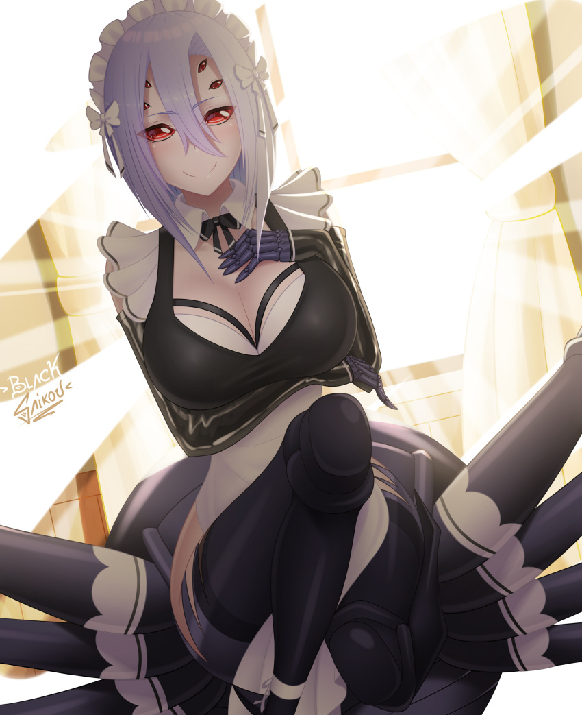 1girl absurdres alternate_costume arachne artist_name black_gloves black_legwear blacksaikou blush breast_hold breasts carapace cleavage cleavage_cutout dutch_angle elbow_gloves enmaided extra_eyes eyebrows_visible_through_hair gloves hair_between_eyes hand_on_own_chest highres insect_girl large_breasts lavender_hair looking_at_viewer maid maid_headdress medium_hair monster_girl monster_musume_no_iru_nichijou no_pants no_pupils rachnera_arachnera red_eyes smile solo spider_girl sunlight thigh-highs window