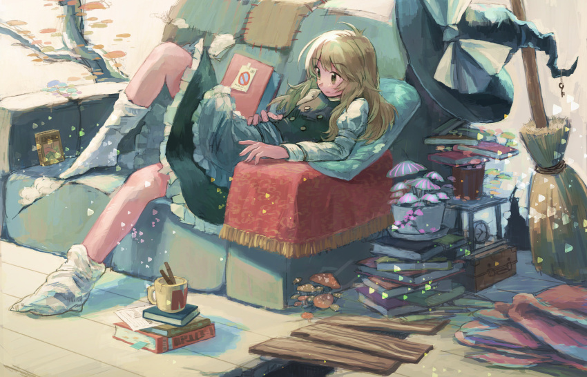 absurdres apron black_dress blonde_hair book broom clutter couch dress frilled_dress frills hat highres kirisame_marisa mushroom pororikin reclining touhou waist_apron white_legwear witch_hat yellow_eyes