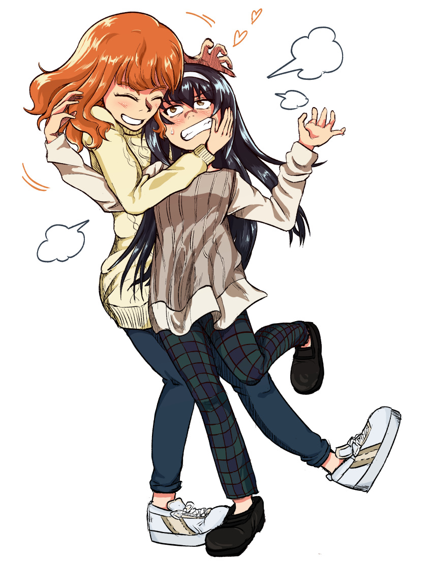 2girls =3 absurdres angry bangs black_footwear blue_pants blunt_bangs blush brown_sweater casual checkered_pants closed_eyes cross-laced_footwear eyebrows_visible_through_hair full_body fume girls_und_panzer green_pants grimace grin hairband hand_on_another's_face happy heart highres hug leg_up long_hair long_sleeves looking_at_another motion_lines multiple_girls no_socks orange_eyes orange_hair pants reizei_mako shoes simple_background smile sneakers standing standing_on_one_leg sweatdrop sweater takebe_saori urouchi white_background white_footwear white_hairband yellow_sweater