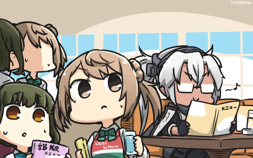 3girls aqua_bow aqua_neckwear black_gloves bow bowtie brown_eyes clothes_writing commentary_request dated double_bun eighth_note eyebrows_visible_through_hair glasses gloves green_hair green_ribbon hair_between_eyes hamu_koutarou highres holding kantai_collection light_brown_hair long_hair michishio_(kantai_collection) multiple_girls musashi_(kantai_collection) musical_note partly_fingerless_gloves remodel_(kantai_collection) ribbon short_hair sitting smile takanami_(kantai_collection) twintails white_hair