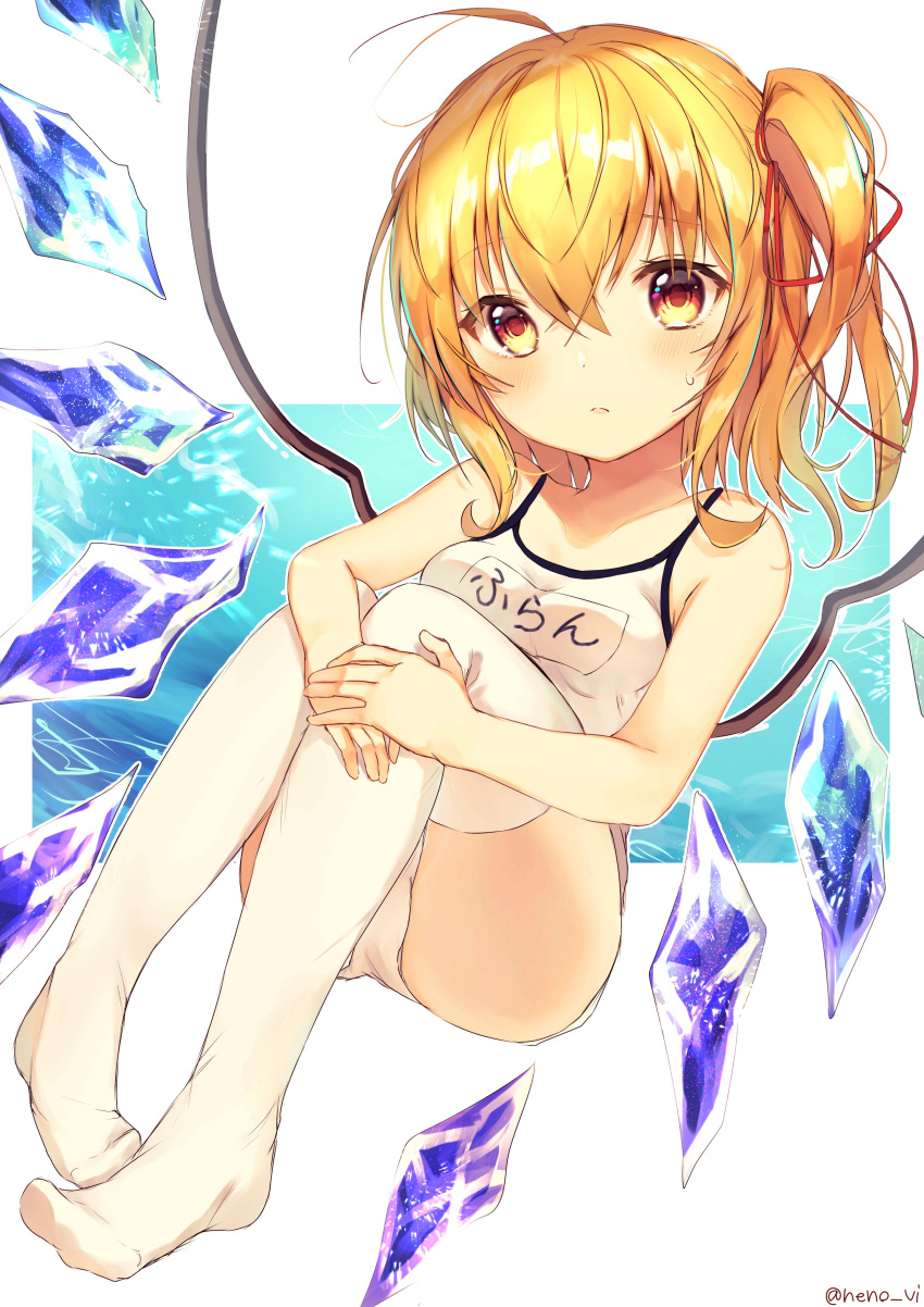 1girl absurdres ahoge ass bare_arms bare_shoulders blonde_hair blush breasts commentary_request competition_school_swimsuit crystal flandre_scarlet full_body hair_between_eyes highres knees_up looking_at_viewer nenobi_(nenorium) no_hat no_headwear no_shoes red_eyes school_swimsuit short_hair side_ponytail sitting small_breasts solo swimsuit thigh-highs touhou translated white_background white_legwear wings