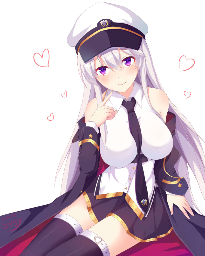 1girl azur_lane black_coat black_legwear black_neckwear blush breasts collared_shirt commentary_request enterprise_(azur_lane) hat head_tilt heart highres large_breasts long_hair looking_at_viewer necktie peaked_cap pointing pointing_at_self qi_ye_shao_yan shirt silver_hair skirt sleeveless sleeveless_shirt smile solo thigh-highs violet_eyes