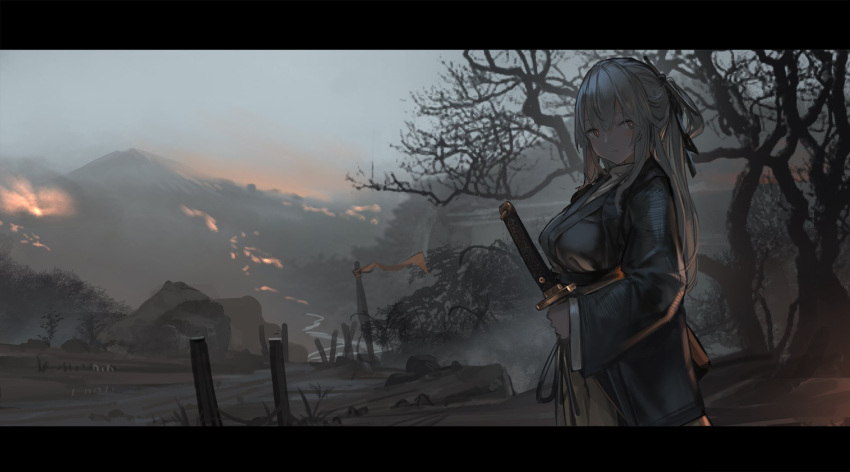 1girl :/ bare_tree blush breasts brown_eyes closed_mouth clouds from_side hakama head_tilt highres holding japanese_clothes kimono large_breasts letterboxed long_hair long_sleeves looking_at_viewer mountain original outdoors path renatus.z road sky solo sword tree weapon