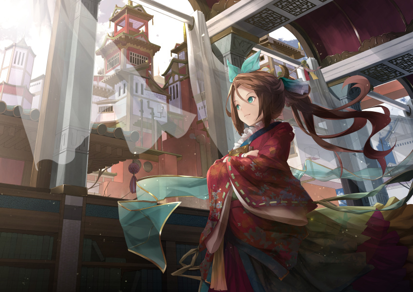 1girl absurdres architecture brown_hair east_asian_architecture green_eyes highres japanese_clothes long_hair miya-ki_(miya_key) original smile solo