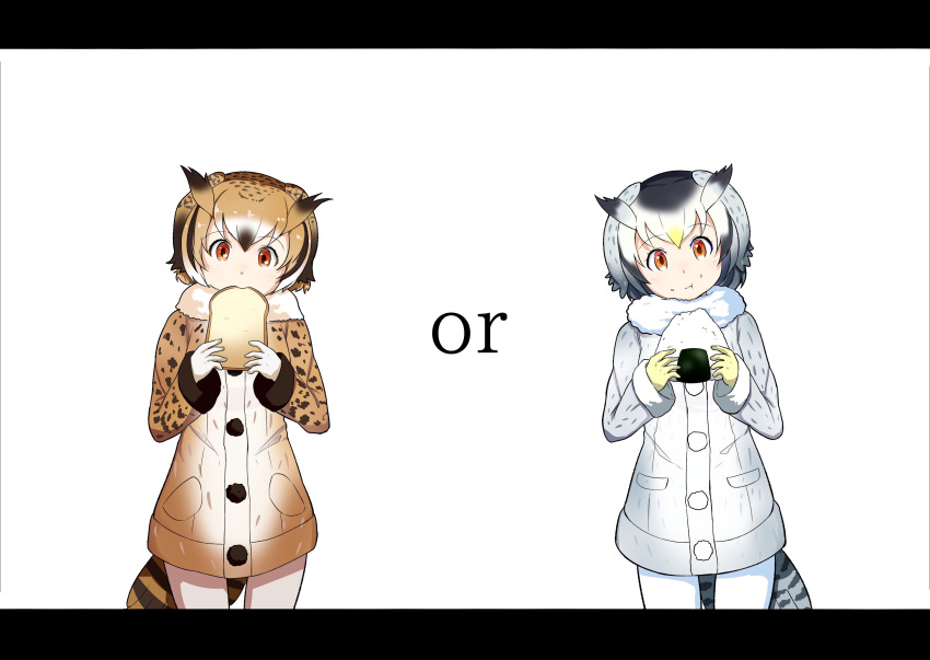 2girls :t absurdres blonde_hair bread breasts brown_coat brown_eyes brown_hair coat cowboy_shot eating eurasian_eagle_owl_(kemono_friends) eyebrows_visible_through_hair food food_in_mouth food_on_face frame fur_collar gloves grey_coat grey_hair head_wings highres holding holding_food kemono_friends long_sleeves looking_at_viewer multicolored_hair multiple_girls northern_white-faced_owl_(kemono_friends) onigiri pantyhose rice rice_on_face tail_feathers tamiku_(shisyamo609) white_background white_gloves white_hair white_legwear yellow_gloves