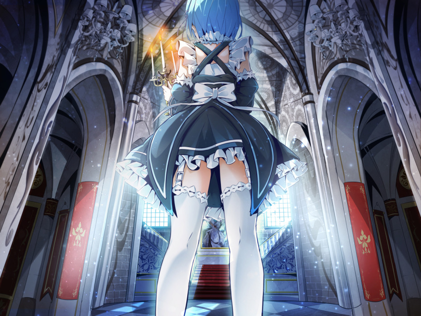 1girl 627247421 back_bow black_skirt blue_hair bow candle detached_sleeves frilled_skirt frills from_below garter_straps holding indoors maid miniskirt re:zero_kara_hajimeru_isekai_seikatsu rem_(re:zero) ribbon-trimmed_sleeves ribbon-trimmed_thighhighs ribbon_trim short_hair skirt solo thigh-highs white_bow white_legwear