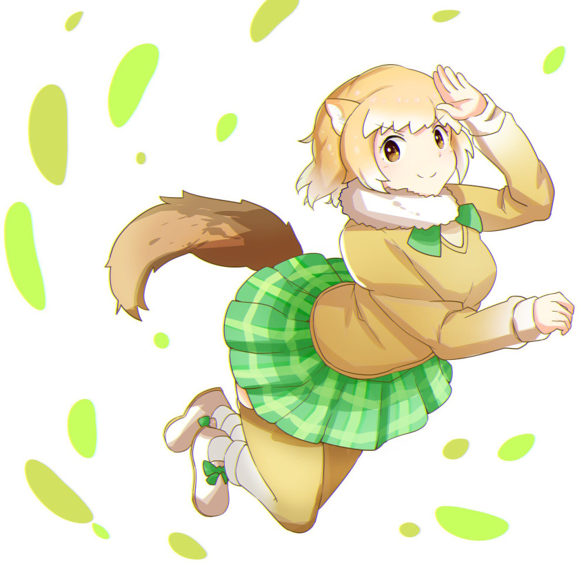 1girl animal_ears arm_up black-tailed_prairie_dog_(kemono_friends) bow brown_hair eyebrows_visible_through_hair fur_collar green_neckwear green_skirt highres kemono_friends long_sleeves looking_at_viewer miniskirt plaid plaid_skirt prairie_dog_ears shoe_bow shoes skirt smile solo tail tamiku_(shisyamo609) thigh-highs white_background white_footwear