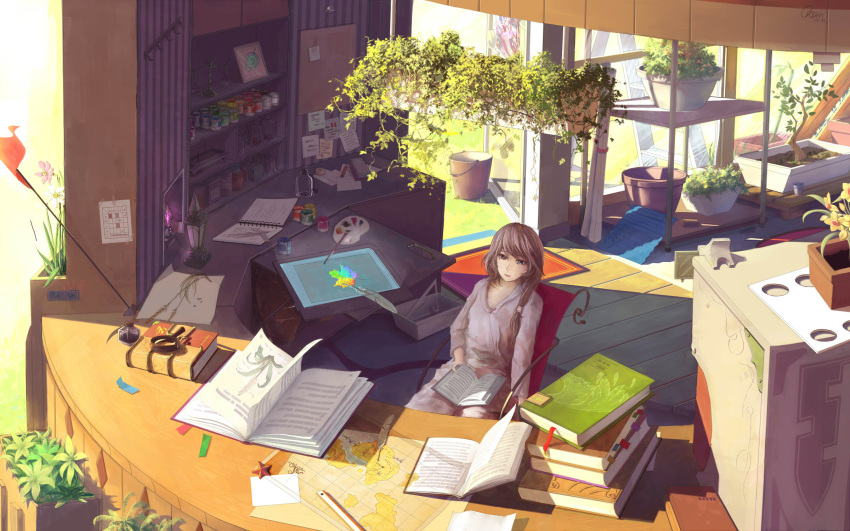 1girl blue_eyes bonsai book brown_hair bucket day highres long_hair open_book oright original palette plant potted_plant scenery sitting solo