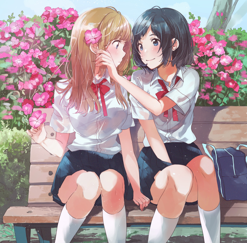 2girls absurdres bag bench blush bow breasts bush commentary_request dress_shirt flower fly_(marguerite) hair_flower hair_ornament highres holding holding_flower huge_filesize kneehighs long_hair multiple_girls original playing_with_another's_hair profile red_bow red_neckwear red_ribbon ribbon school_bag school_uniform shirt short_hair short_sleeves sitting skirt smile socks white_legwear white_shirt yuri
