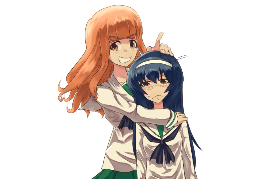 2girls bangs black_hair black_neckwear blouse blunt_bangs blush brown_eyes closed_mouth commentary eyebrows_visible_through_hair frown girls_und_panzer green_skirt grin hairband hand_on_another's_head hand_on_another's_shoulder highres hug long_hair long_sleeves looking_at_viewer motion_lines multiple_girls neckerchief ooarai_school_uniform orange_eyes orange_hair pleated_skirt pose reizei_mako school_uniform serafuku simple_background skirt smile standing sweatdrop takebe_saori upper_body urouchi white_background white_blouse white_hairband