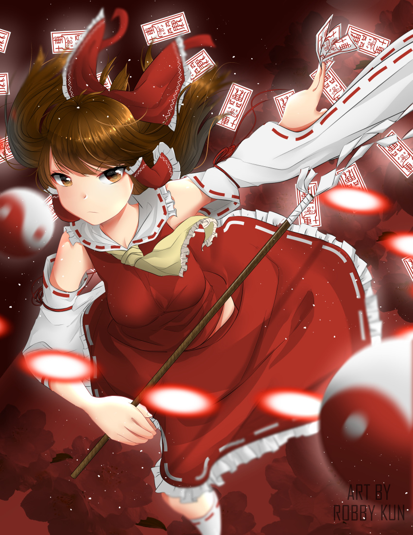 absurdres arms_behind_back breasts bullet card dress falling_card hakurei_reimu highres holding holding_staff looking_at_viewer outstretched_arm red_dress robby_kun short_hair staff touhou