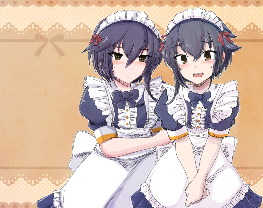2girls adapted_costume alternate_costume apron black_dress black_hair blush brown_eyes dress enmaided hair_between_eyes highres i-13_(kantai_collection) i-14_(kantai_collection) kantai_collection kusana-ry maid maid_apron maid_headdress multiple_girls open_mouth puffy_short_sleeves puffy_sleeves short_hair short_sleeves sweatdrop waist_apron wrist_cuffs