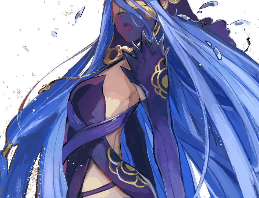 1girl aqua_(fire_emblem_if) back backless_outfit blue_hair dancing detached_sleeves dress fingerless_gloves fire_emblem fire_emblem_heroes fire_emblem_if from_side gloves jewelry kohiu long_hair music necklace open_mouth purple_dress shaded_face singing veil very_long_hair water water_drop