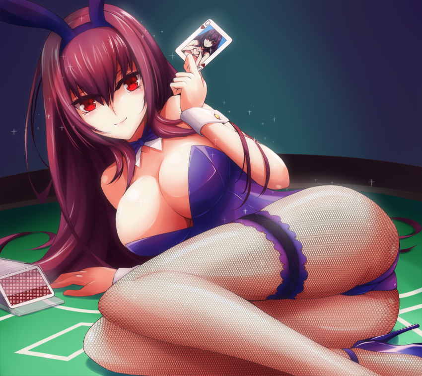 1girl ahsiu animal_ears arm_support blackjack_table bow bowtie breasts bunny_girl bunnysuit card cleavage detached_collar fate/grand_order fate_(series) fishnet_pantyhose fishnets full_body garter_belt high_heels highres large_breasts leotard long_hair looking_at_viewer lying on_side pantyhose playing_card purple_footwear purple_hair purple_leotard purple_neckwear rabbit_ears red_eyes scathach_(fate/grand_order) solo sparkle strapless strapless_leotard wrist_cuffs