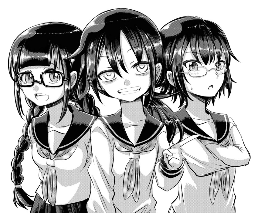 3girls bags_under_eyes bespectacled black_hair braid dress glasses komiyama_kotomi kuroki_tomoko long_hair monochrome multiple_girls naruse_yuu newsprint_texture sailor_dress short_hair watashi_ga_motenai_no_wa_dou_kangaetemo_omaera_ga_warui! younger