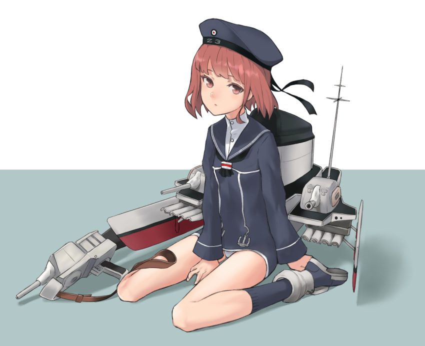 1girl bad_id bad_pixiv_id between_legs blue_footwear blue_hat blue_legwear blue_sailor_collar brown_eyes brown_hair cancell cannon closed_mouth dress hand_between_legs hat highres kantai_collection long_sleeves looking_at_viewer machinery panties pantyshot pantyshot_(sitting) sailor_collar sailor_dress shirt shoes short_dress short_hair sitting socks solo underwear wariza white_shirt z3_max_schultz_(kantai_collection)