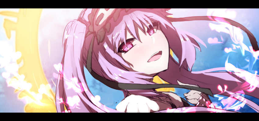 1girl :d absurdres bangs blush commentary_request eyebrows_visible_through_hair fate/hollow_ataraxia fate_(series) frilled_hairband frills hair_between_eyes hairband head_tilt highres index_finger_raised long_hair looking_at_viewer open_mouth protected_link purple_hair ribbon-trimmed_hairband ribbon_trim smile solo stheno twintails upper_teeth violet_eyes wada_kazu white_hairband