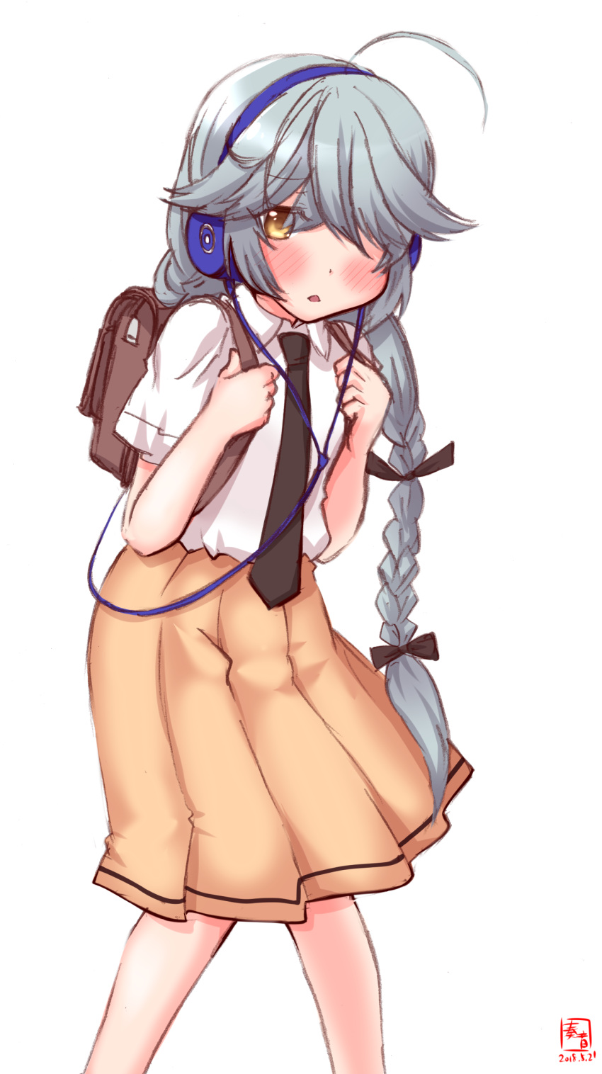 1girl ahoge alternate_costume artist_logo backpack bag black_neckwear braid casual commentary_request dated dress_shirt grey_hair hair_over_one_eye hair_ribbon hamanami_(kantai_collection) headphones highres kanon_(kurogane_knights) kantai_collection long_hair looking_at_viewer necktie pleated_skirt randoseru ribbon shirt simple_background single_braid skirt solo white_background yellow_eyes yellow_skirt