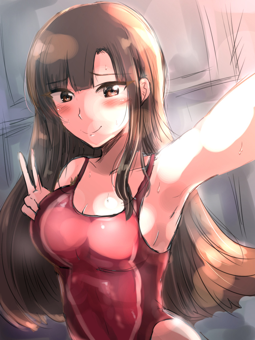 1girl arm_up armpits blush breasts brown_eyes brown_hair cleavage competition_swimsuit highres idolmaster idolmaster_cinderella_girls long_hair looking_at_viewer medium_breasts mizumoto_yukari omuraisu_gakudan one-piece_swimsuit outstretched_arm self_shot sketch smile solo swimsuit