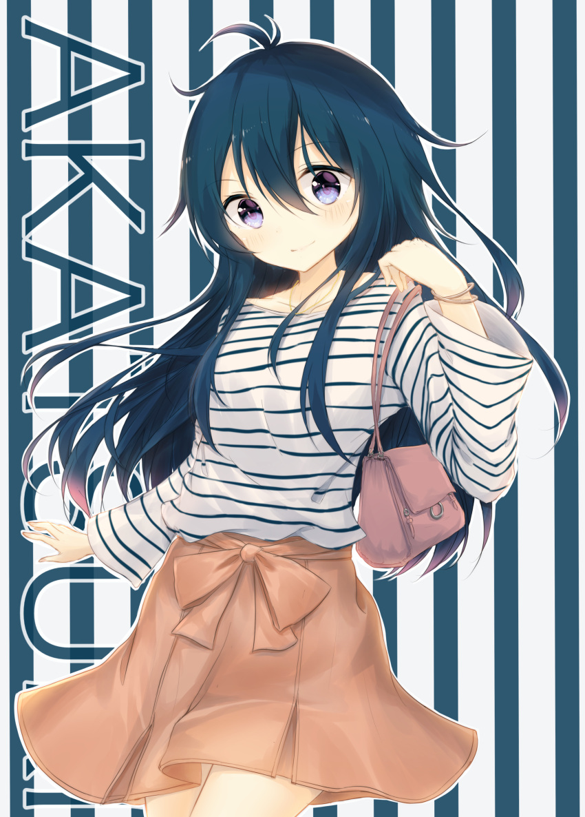 1girl absurdres akatsuki_(kantai_collection) alternate_costume bag bangle bangs blue_hair blush bow bracelet breasts brown_bow brown_skirt casual character_name closed_mouth collarbone commentary_request cowboy_shot eyebrows_visible_through_hair hair_between_eyes hand_up handbag head_tilt highres jewelry kantai_collection long_hair long_sleeves necklace orange_skirt pleated_skirt shirt shoulder_bag sidelocks skirt small_breasts smile solo striped striped_background striped_shirt uzuki_tsukuyo vertical-striped_background vertical_stripes violet_eyes white_shirt wide_sleeves