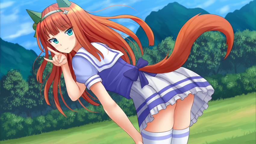 1girl animal_ears ass bangs blue_eyes blue_sky blurry blurry_background blush bow closed_mouth clouds commentary day depth_of_field eyebrows_visible_through_hair fingernails forest hand_up highres horse_ears horse_girl horse_tail kazenokaze leaning_forward long_hair looking_at_viewer mountain nature orange_hair outdoors pleated_skirt puffy_short_sleeves puffy_sleeves purple_bow purple_shirt sailor_collar school_uniform serafuku shirt short_sleeves silence_suzuka skirt sky smile solo tail thigh-highs umamusume very_long_hair white_legwear white_sailor_collar white_skirt