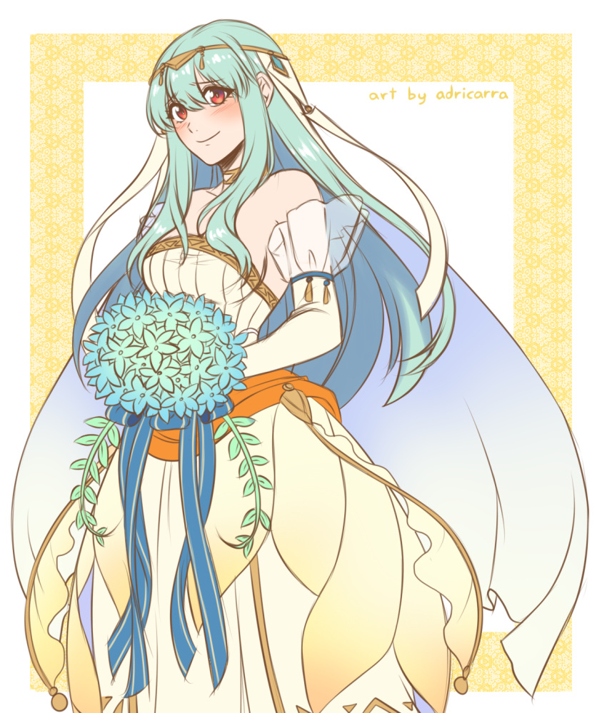 1girl adricarra bare_shoulders blue_hair bouquet bridal_veil bride cape dress elbow_gloves fire_emblem fire_emblem:_rekka_no_ken fire_emblem_heroes flower gloves hair_flower hair_ornament highres jewelry long_hair looking_at_viewer mamkute ninian red_eyes rose smile solo strapless strapless_dress veil wedding_dress white_dress