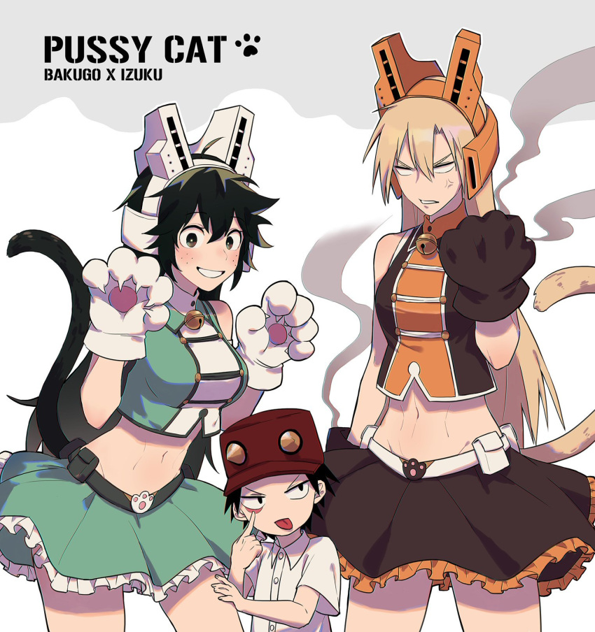 1boy 2girls alternate_costume anger_vein angry bakugou_katsuki bell bell_choker belt blowing_raspberry blush boku_no_hero_academia breasts cat_paws cat_tail character_name character_request choker commentary_request english freckles genderswap genderswap_(mtf) green_hair hat highres liyuchen1126 medium_breasts midoriya_izuku midriff multiple_girls paws skirt sleeveless smile smoke spiky_hair tail toned tongue tongue_out