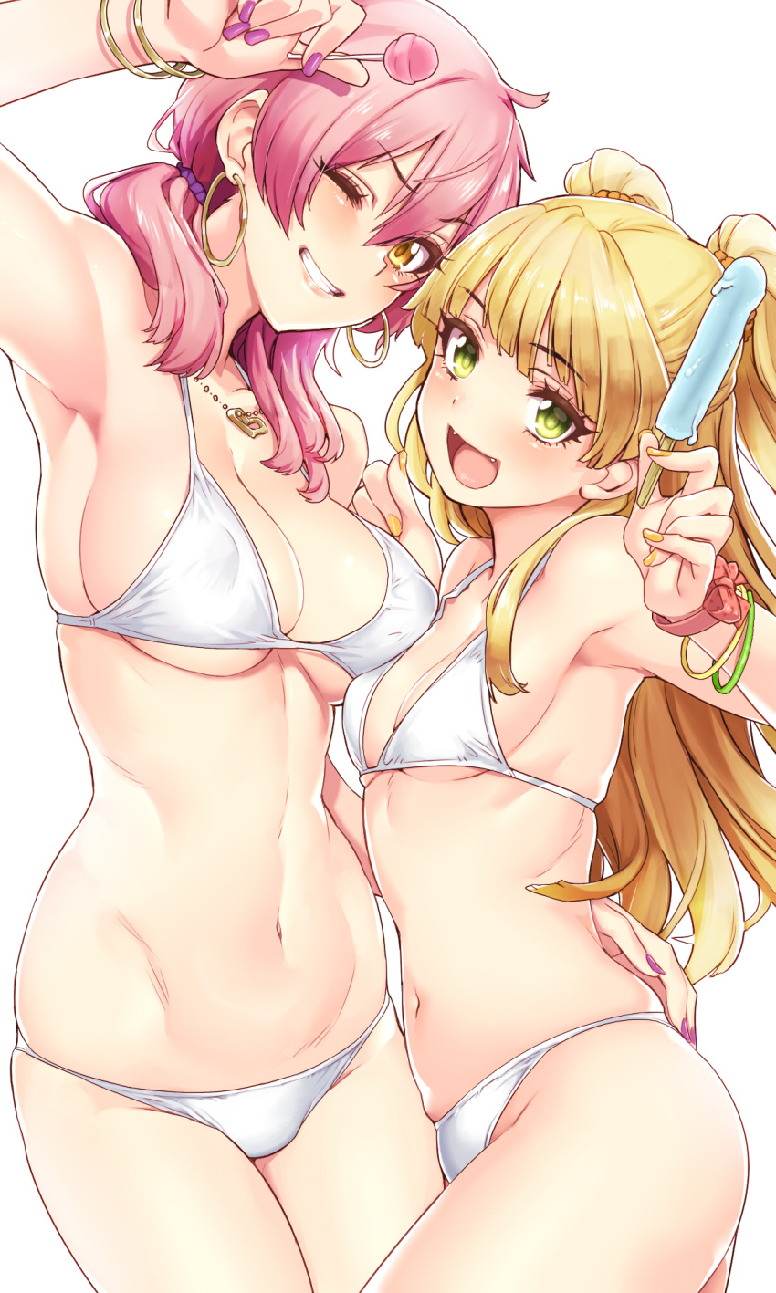 angelo_(gomahangetsu) asymmetrical_docking bare_shoulders bikini blonde_hair blush bracelet breast_press breasts candy earrings eyelashes fangs food green_eyes grin hair_between_eyes hand_on_another's_hip heart heart_necklace highres hips hoop_earrings idolmaster idolmaster_cinderella_girls jewelry jougasaki_mika jougasaki_rika large_breasts lollipop long_hair low_twintails nail_polish navel necklace one_eye_closed open_mouth orange_nails pink_hair popsicle purple_nails scrunchie siblings simple_background sisters small_breasts smile swimsuit thighs twintails two_side_up waist white_background white_bikini yellow_eyes