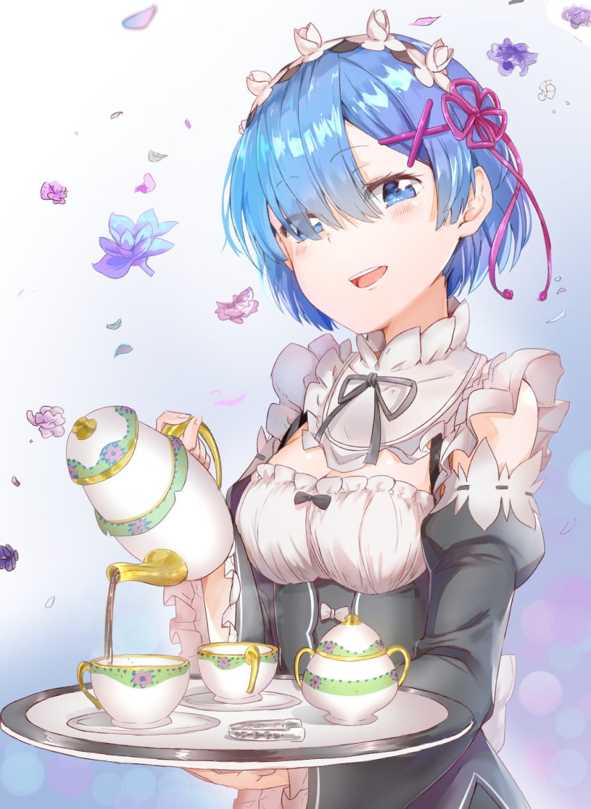 1girl apron bangs black_ribbon blue_eyes blue_hair breasts cleavage corset cup detached_sleeves eyebrows_visible_through_hair flower frilled_sleeves frills hair_ornament hair_over_one_eye hair_ribbon highres holding holding_tray looking_at_viewer maid maid_headdress medium_breasts open_mouth petals pouring purple_ribbon re:zero_kara_hajimeru_isekai_seikatsu rem_(re:zero) ribbon ribbon-trimmed_clothes ribbon_trim short_hair smile solo sunhyun tea teacup teapot tray tweezers underbust upper_body waist_apron white_apron x_hair_ornament