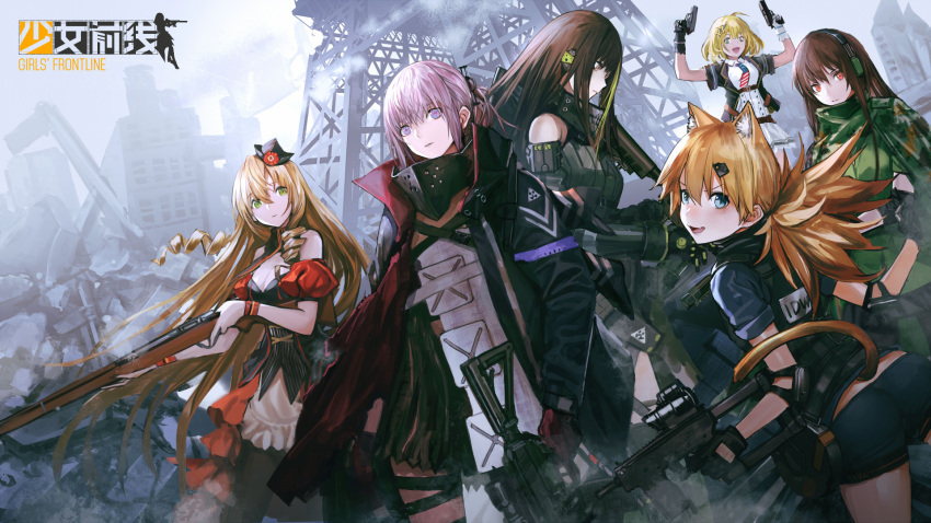 6+girls ahoge american_flag animal_ears aqua_eyes ar-15 arm_guards arm_strap armband armor ass assault_rifle bangs bare_shoulders black_jacket black_legwear blonde_hair blue_eyes blush breasts brown_eyes brown_hair bushman_idw camouflage_cloak cat_ears cat_tail character_name cityscape cleavage cloak closed_mouth clothes_around_waist detached_sleeves digi-mind_update_(girls_frontline) dress drill_locks dual_wielding elbow_pads expressionless fang fingerless_gloves floating_hair fn-49 fn-49_(girls_frontline) gas_mask girls_frontline gloves green_eyes green_jacket gun hair_between_eyes hair_ornament hairclip handgun hands_up hat headphones headset highres holding holding_gun holding_weapon idw_(girls_frontline) infukun jacket jacket_around_waist large_breasts load_bearing_vest logo long_hair long_sleeves looking_at_viewer low_twintails m1911 m1911_(girls_frontline) m4_carbine m4a1_(girls_frontline) magazine_(weapon) magpul military military_uniform multicolored_hair multiple_girls necktie official_art open_clothes open_jacket open_mouth orange_eyes pantyhose parted_lips pink_hair pistol pleated_skirt ponytail pouch red_eyes ribbed_sweater rifle ruins scope shirt short_hair short_shorts short_sleeves shorts sidelocks single_thighhigh skirt smile st_ar-15_(girls_frontline) streaked_hair submachine_gun sweater sweater_vest tactical_clothes tail thigh-highs thigh_strap thighs torn_clothes trigger_discipline twintails type_64_(girls_frontline) type_64_smg uniform very_long_hair vest weapon white_legwear white_shirt white_skirt