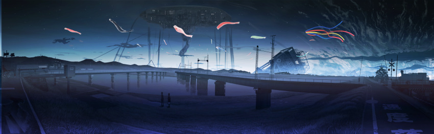 1boy 1girl absurdres banishment bridge clouds commentary_request day grass highres koinobori night night_sky original outdoors panorama power_lines railroad_crossing railroad_tracks river road road_sign ruins scenery science_fiction sign sky street sunset transmission_tower