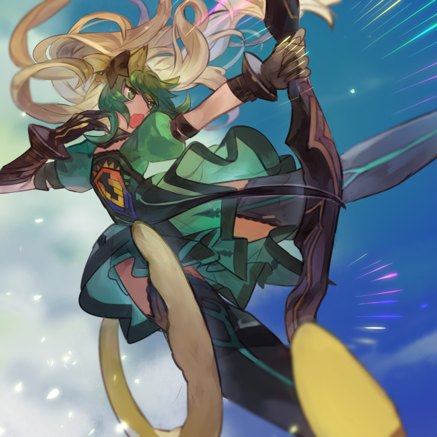 1girl animal_ears atalanta_(fate) boots bow_(weapon) cat_ears commentary dress fate/apocrypha fate/grand_order fate_(series) fighting gloves gradient_hair green_dress green_eyes green_hair hair_lift highres holding holding_bow_(weapon) holding_weapon jumping long_hair multicolored_hair open_mouth picube525528 puffy_sleeves sky thigh-highs thigh_boots two-tone_hair weapon