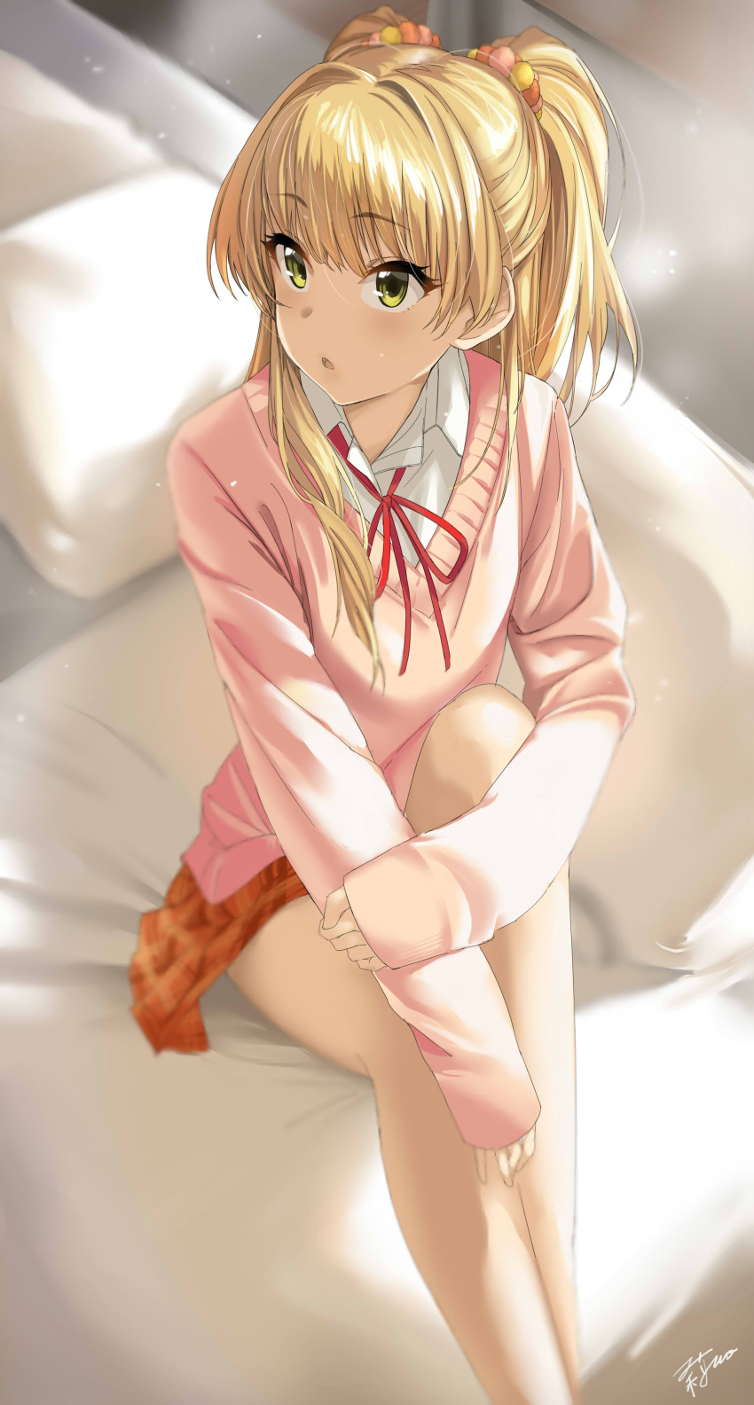 1girl absurdres bed bed_sheet blonde_hair blurry blurry_background commentary_request depth_of_field eyelashes green_eyes highres idolmaster idolmaster_cinderella_girls indoors jougasaki_rika long_hair looking_to_the_side neck_ribbon on_bed open_mouth pillow ribbon scrunchie shirt signature sitting skirt sleeves_past_wrists solo sweater_vest two_side_up white_shirt wotori