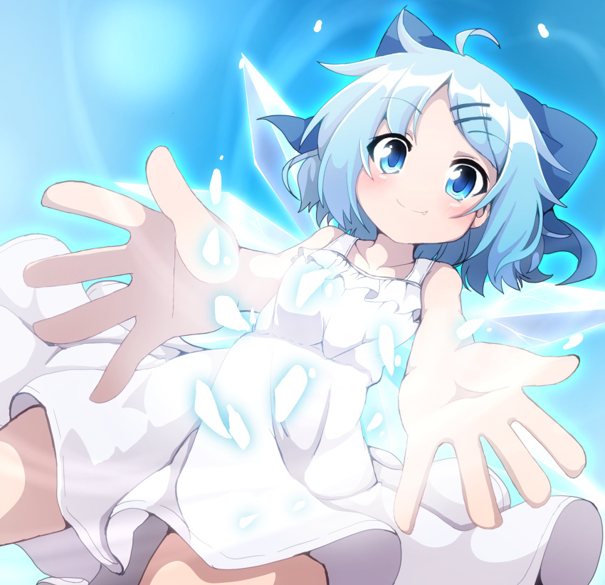 1girl ahoge alternate_costume blue_bow blue_eyes blue_hair bow cirno collarbone commentary_request do_(4-rt) dress fang fang_out hair_bow hair_ornament hairclip highres ice ice_wings looking_at_viewer outstretched_arms short_hair sleeveless sleeveless_dress smile solo sundress touhou white_dress wings