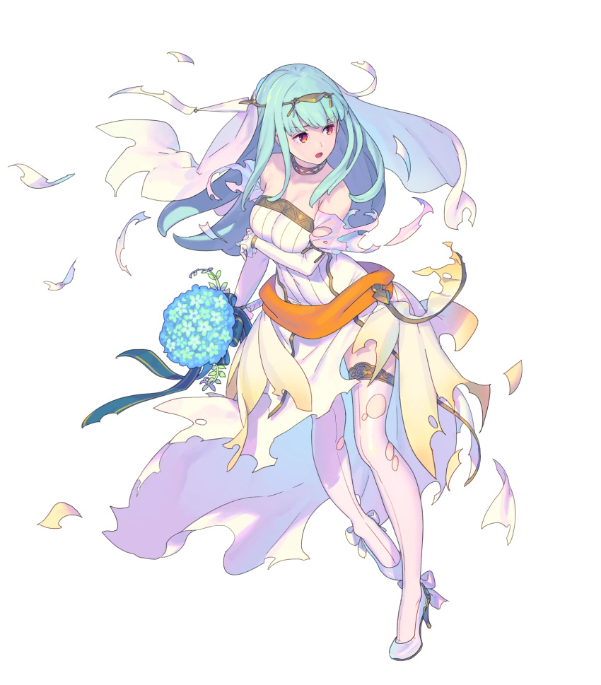 1girl blue_hair dress fire_emblem fire_emblem:_rekka_no_ken fire_emblem_heroes flower full_body hair_ornament highres long_hair nagisa_kurousagi ninian official_art red_eyes solo transparent_background