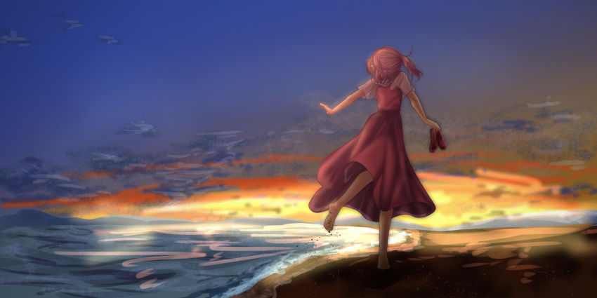 1girl barefoot beach blue_sky blurry clouds commentary depth_of_field dress english_commentary facing_away facing_to_the_side from_behind head_tilt highres holding holding_shoes ocean outdoors outstretched_arms red_dress redhead sara_(touhou) shoes shoes_removed short_hair short_sleeves shounen_(hogehoge) side_ponytail sky solo spread_arms sunset touhou touhou_(pc-98) twilight walking walking_away