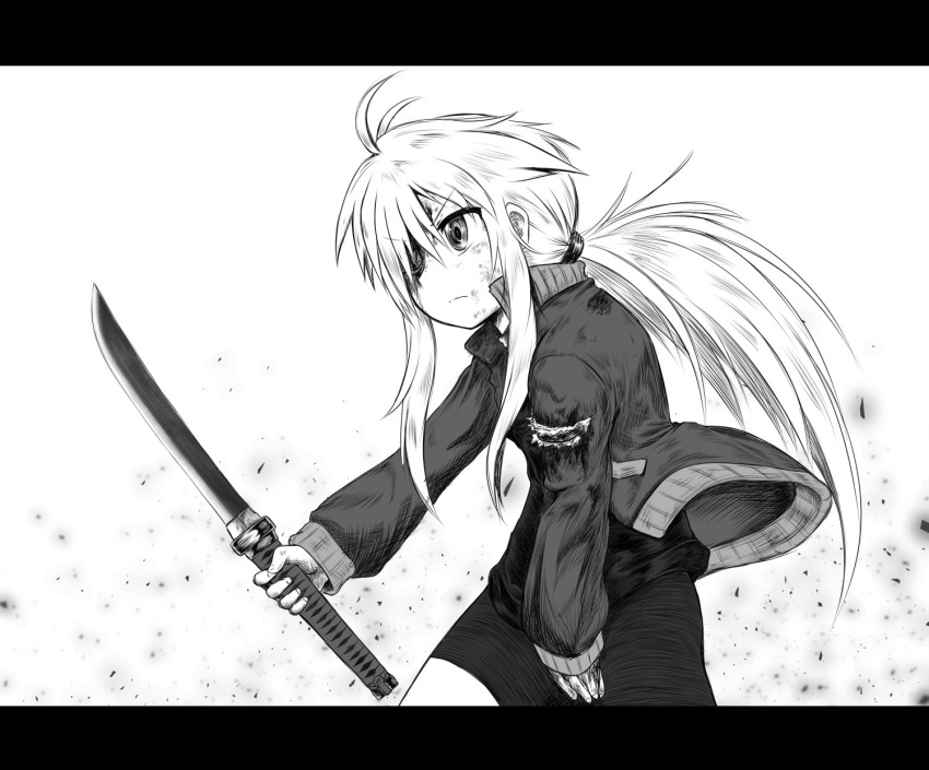 1girl ahoge bleeding blonde_hair blood highres injury jacket koshirae_tsurugi m.m monochrome original wakizashi weapon