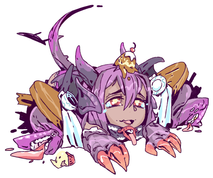 animal_ears broken chibi claws crying cup dragon_horns dragon_tail dragon_wings failure food food_on_head head_fins horns jabberwock_(monster_girl_encyclopedia) lying monster_girl monster_girl_encyclopedia object_on_head on_stomach open_mouth purple_hair ramenwarwok red_eyes table tail teacup tears tentacle transparent_background tray wings yellow_pupils