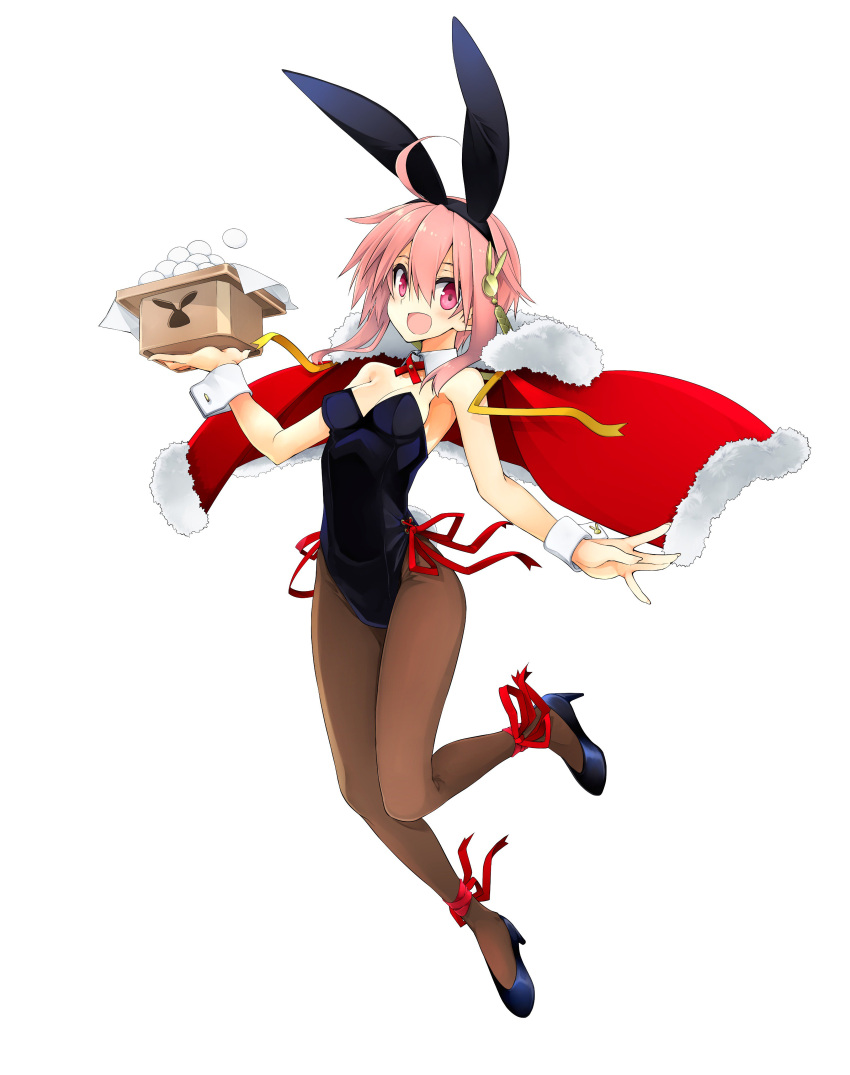 10mo 1girl :d absurdres ahoge animal_ears ankle_ribbon black_footwear black_hairband black_leotard breasts brown_legwear bunny_hair_ornament bunnysuit cape cleavage fake_animal_ears fudou_yukimitsu full_body fur_trim hair_between_eyes hair_ornament hairband high_heels highres holding leotard long_hair looking_at_viewer open_mouth pantyhose pink_eyes pink_hair pumps rabbit_ears red_cape red_ribbon ribbon sideboob simple_background small_breasts smile solo source;https://twitter.com/tenka_zan/status/922734237173800960 strapless strapless_leotard tenka_hyakken white_background