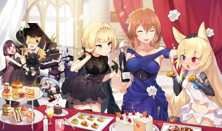 &gt;:o &lt;|&gt;_&lt;|&gt; /\/\/\ 6+girls :d animal_ears black_gloves blonde_hair blue_dress blue_eyes blue_hair blush bow braid brown_hair cake candle cat_ears cat_tail champagne_bottle champagne_flute closed_eyes commentary_request cup curtains dress drinking_glass elbow_gloves flower food fox_ears french_braid g11_(girls_frontline) g41_(girls_frontline) girls_frontline gloves grand_piano green_eyes hair_flower hair_ornament hand_on_another's_head heterochromia highres hk416_(girls_frontline) idw_(girls_frontline) indoors instrument jehyun long_hair m1903_springfield_(girls_frontline) macaron mechanical_arms multiple_girls navel open_mouth piano purple_hair red_eyes rose sandwich sleeping smile stomach tail tail_bow tiara twintails wa2000_(girls_frontline) welrod_mk2_(girls_frontline)