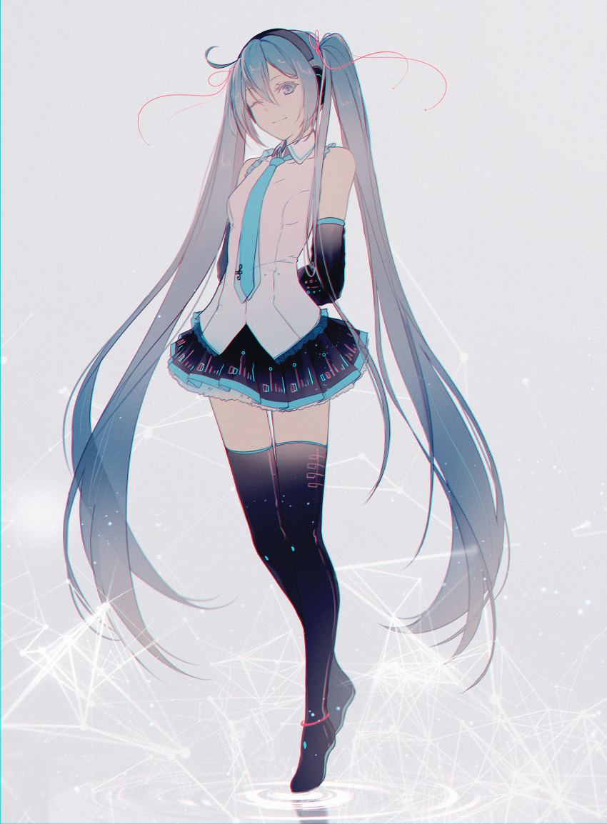 1girl ;) arms_behind_back black_footwear black_skirt blue_hair blue_neckwear boots detached_sleeves floating_hair full_body grey_background grey_eyes hair_between_eyes hatsune_miku headphones highres long_hair looking_at_viewer miniskirt necktie one_eye_closed pleated_skirt shirt simple_background skirt sleeveless sleeveless_shirt smile solo thigh-highs thigh_boots twintails very_long_hair vocaloid white_shirt yen-mi zettai_ryouiki