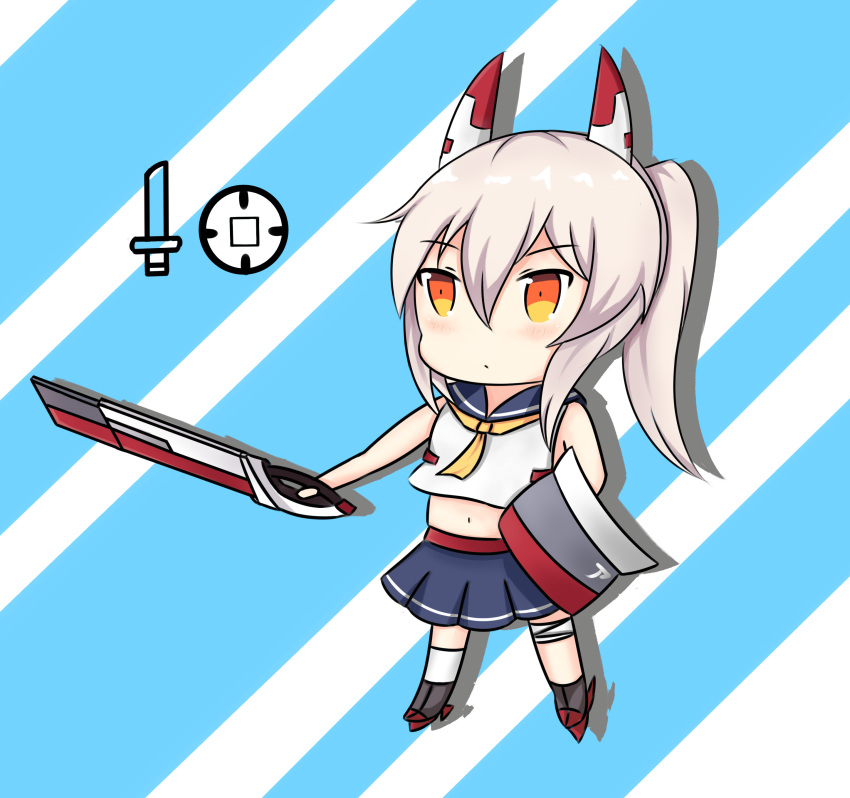 1girl absurdres ayanami_(azur_lane) azur_lane bandage bandaged_leg bare_arms bare_shoulders blue_sailor_collar blue_skirt chibi commentary_request grey_footwear headgear highres holding holding_shield holding_sword holding_weapon kneehighs long_hair midriff nagato-chan navel orange_eyes pleated_skirt ponytail rudder_shoes sailor_collar school_uniform serafuku shield shirt silver_hair single_kneehigh skirt sleeveless sleeveless_shirt solo standing sword weapon white_legwear white_shirt yellow_neckwear