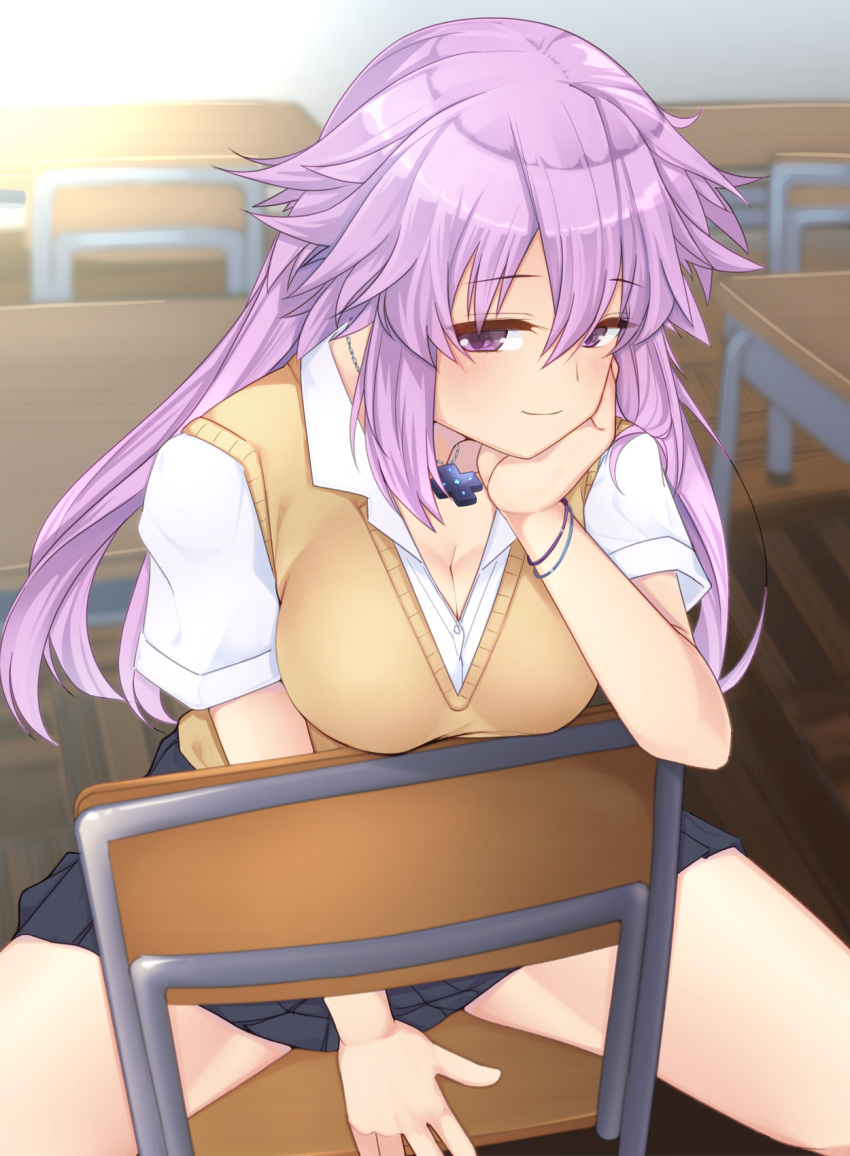 1girl adult_neptune alternate_costume between_legs black_skirt blush breasts brown_vest cleavage collared_shirt commentary_request d-pad dura hair_between_eyes hand_between_legs hand_on_own_chin head_rest highres indoors jewelry large_breasts long_hair looking_at_viewer necklace neptune_(series) purple_hair school_uniform shin_jigen_game_neptune_vii shirt short_sleeves sitting skirt smile solo spread_legs vest violet_eyes white_shirt