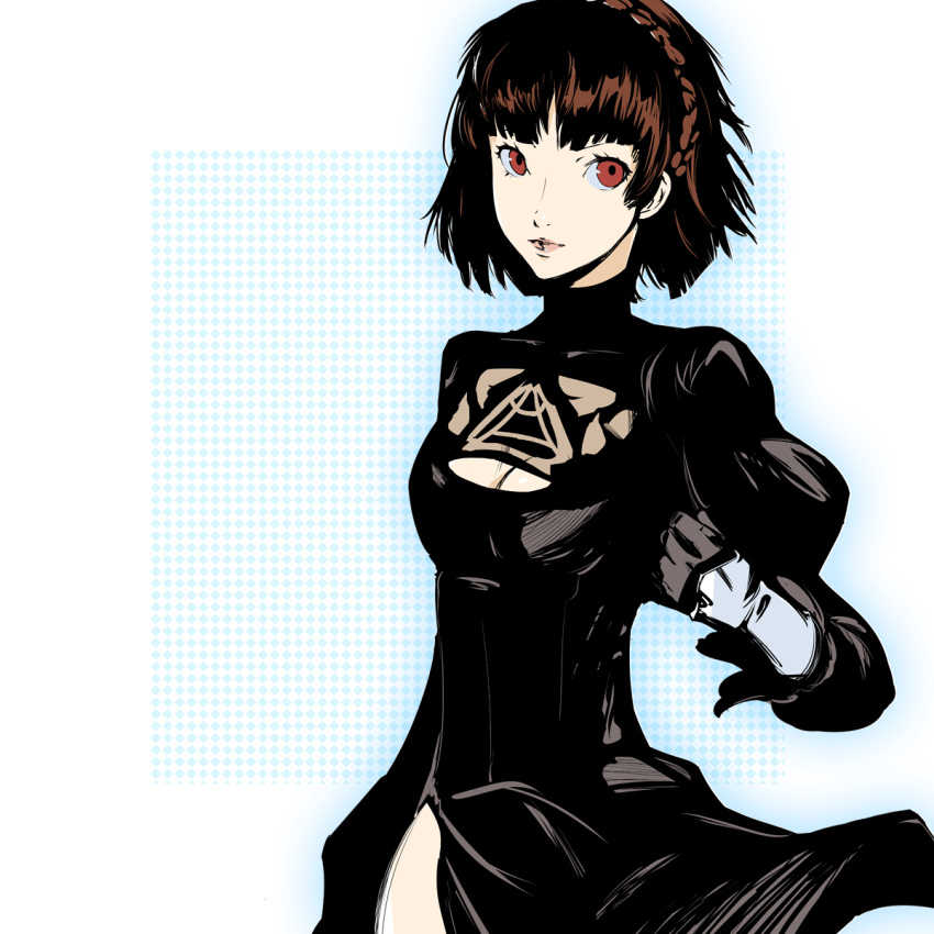 1girl black_clothes black_gloves breasts brown_hair cleavage cleavage_cutout cosplay dh_(brink_of_memories) gloves highres limited_palette long_hair medium_breasts niijima_makoto persona persona_5 red_eyes shadow short_hair solo standing white_background yorha_no._2_type_b yorha_no._2_type_b_(cosplay)