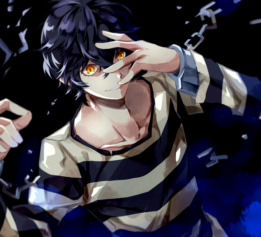 1boy absurdres amamiya_ren black_hair broken broken_chain chains collarbone cuffs hair_between_eyes handcuffs highres looking_at_viewer male_focus persona persona_5 shirt solo striped striped_shirt upper_body yellow_eyes